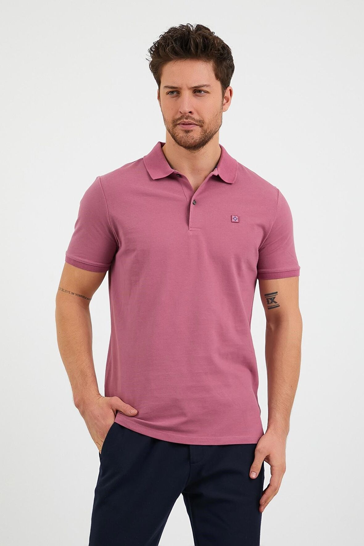 Erkek Slim Fit Dar Kesim Düz Polo Yaka T-Shirt Gül Kurusu