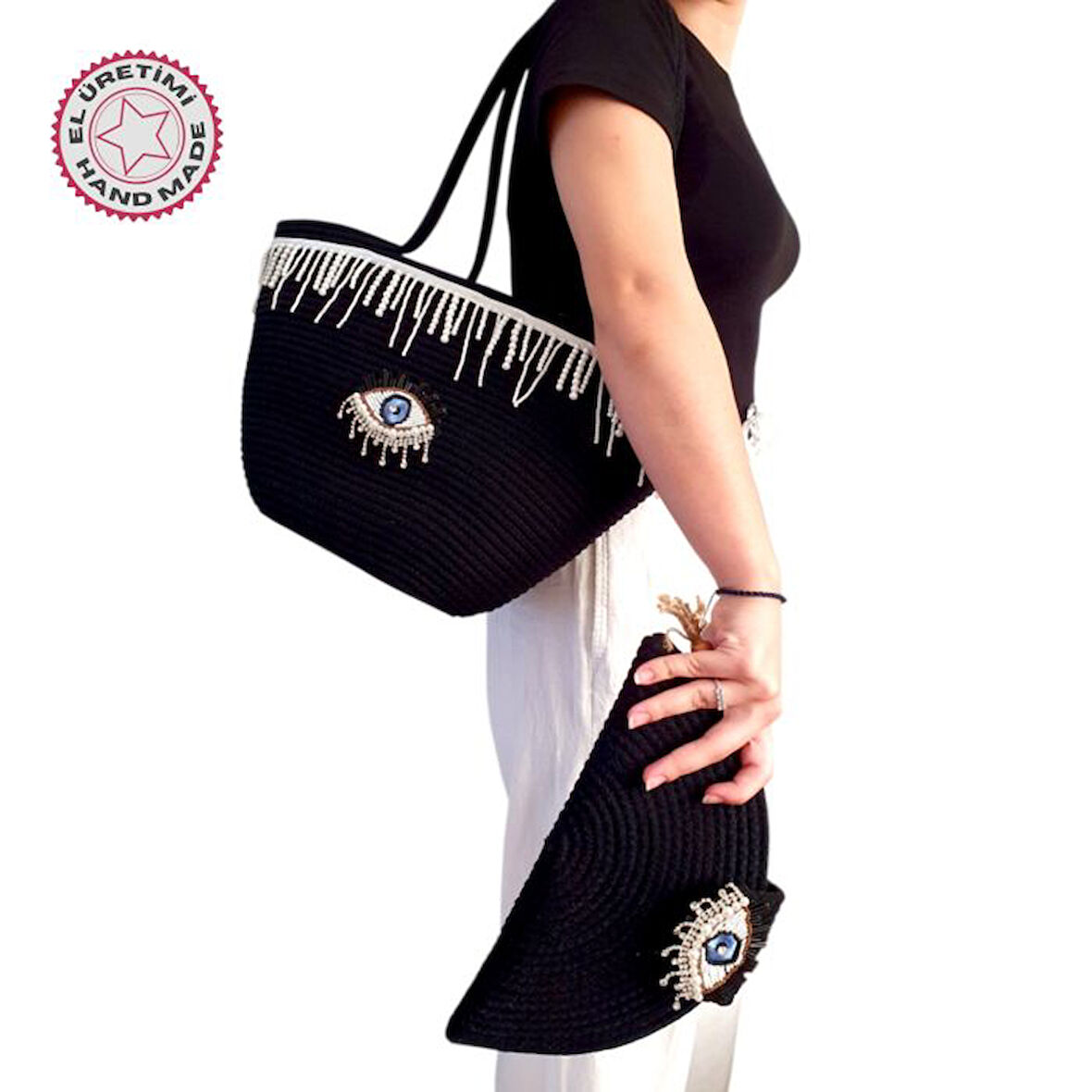 Uretti - Sümeyya 2589 3080 El Yapımı 2'li set İncili Göz İşlemeli ve İnci Şerit Detaylı Plaj ve Günlük Omuz Çantası / Siyah