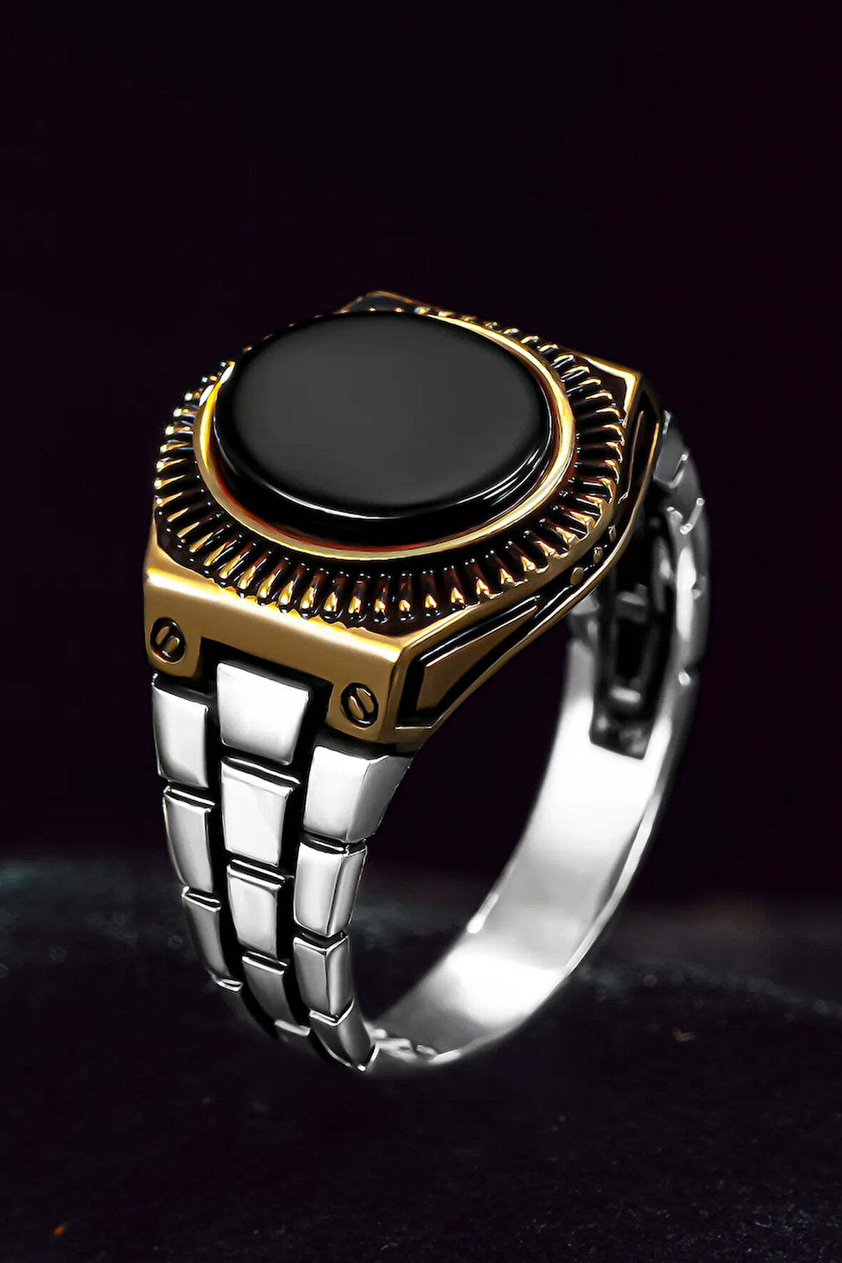 Erkek Gümüş Yüzük - Saat Kordonu Tasarımı Siyah Oniks Taş Erkek Yüzük