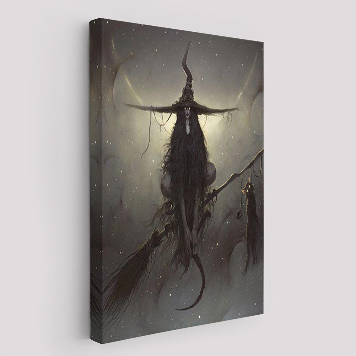 Süpürge ile Uçan Cadı ve Kedisi, Cadılar Bayramı Hediyesi, Hellowen Tablo -6287