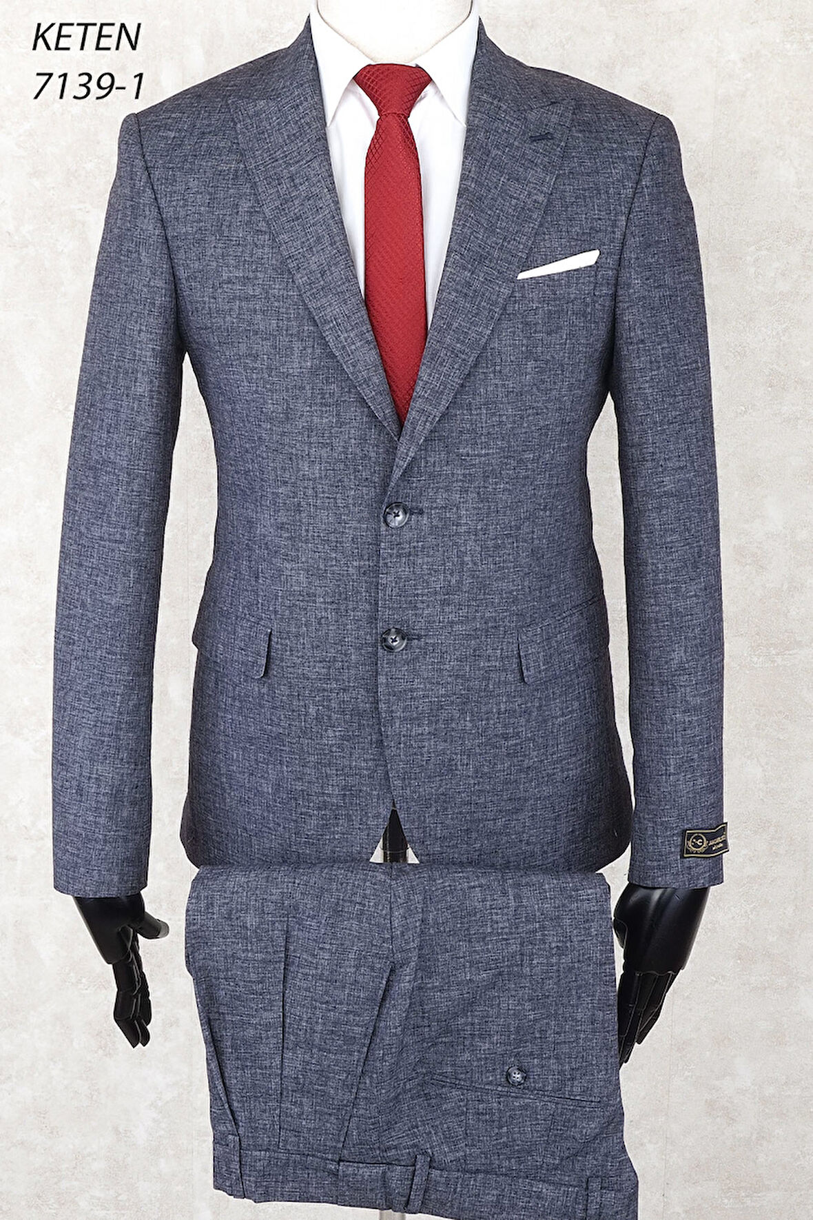 Keten Pileli Pantolon  Slim Fit Sivri  Yaka-Çift Yırtmaç Fileli Astar Drop 6  Takım Elbise