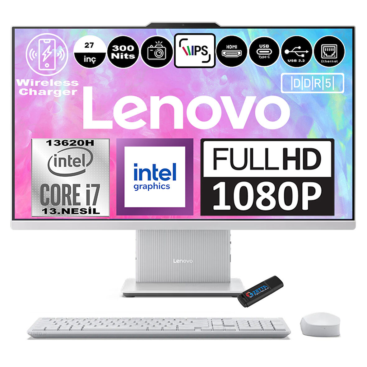 Lenovo Ideacentre Aıo 27IRH9 Intel Core I7-13620H Ddr5 96 GB 1tb SSD Intel UHD Graphics 27 Inc Fhd IPS Windows 11 Home  Bulut Grisi All In One Bilgisayar F0HM0048TRH03 + Zetta Flash Bellek