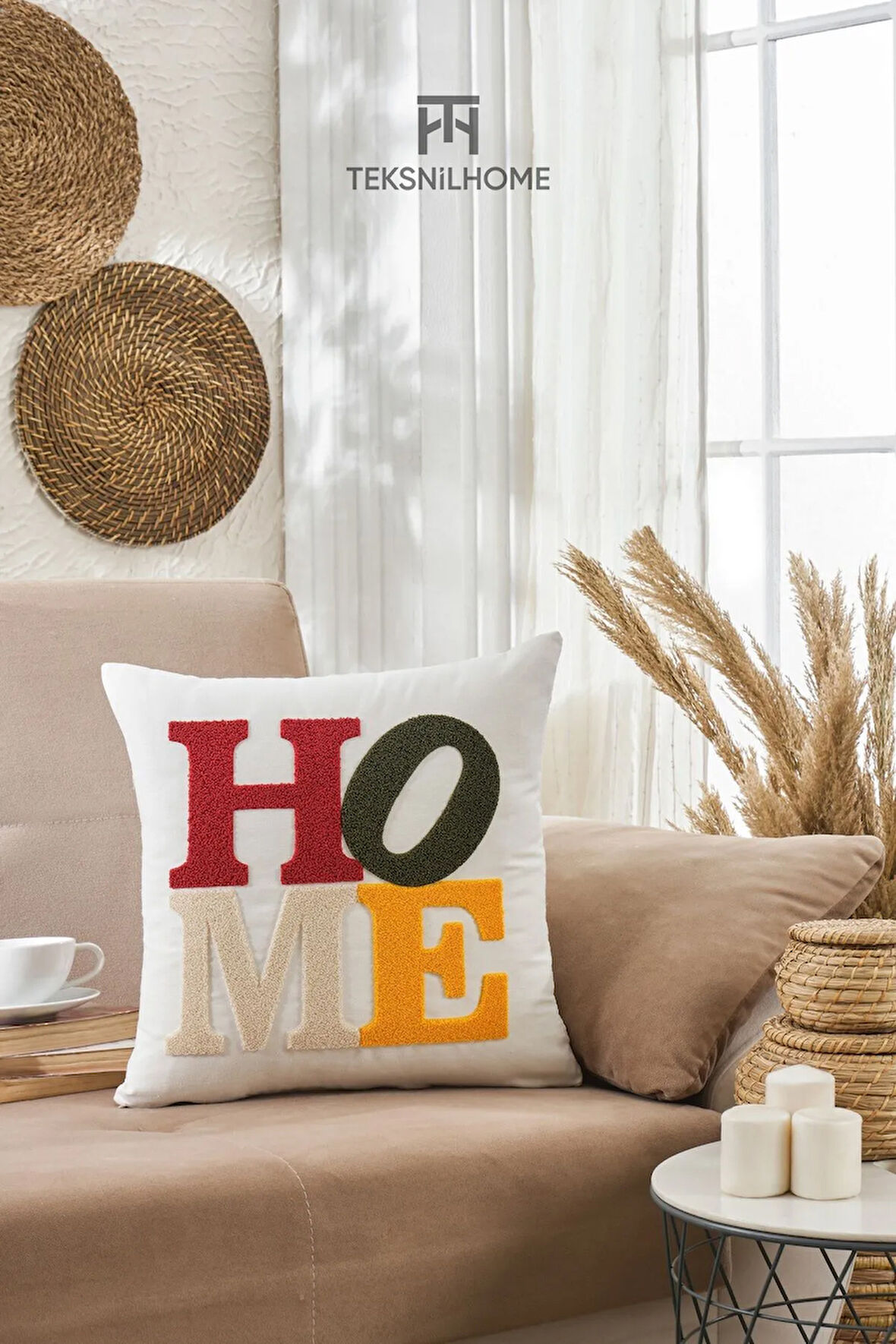 Punch Nakışlı Home Desenli Kırlent Kılıfı Dekoratif Yastık Kılıfı