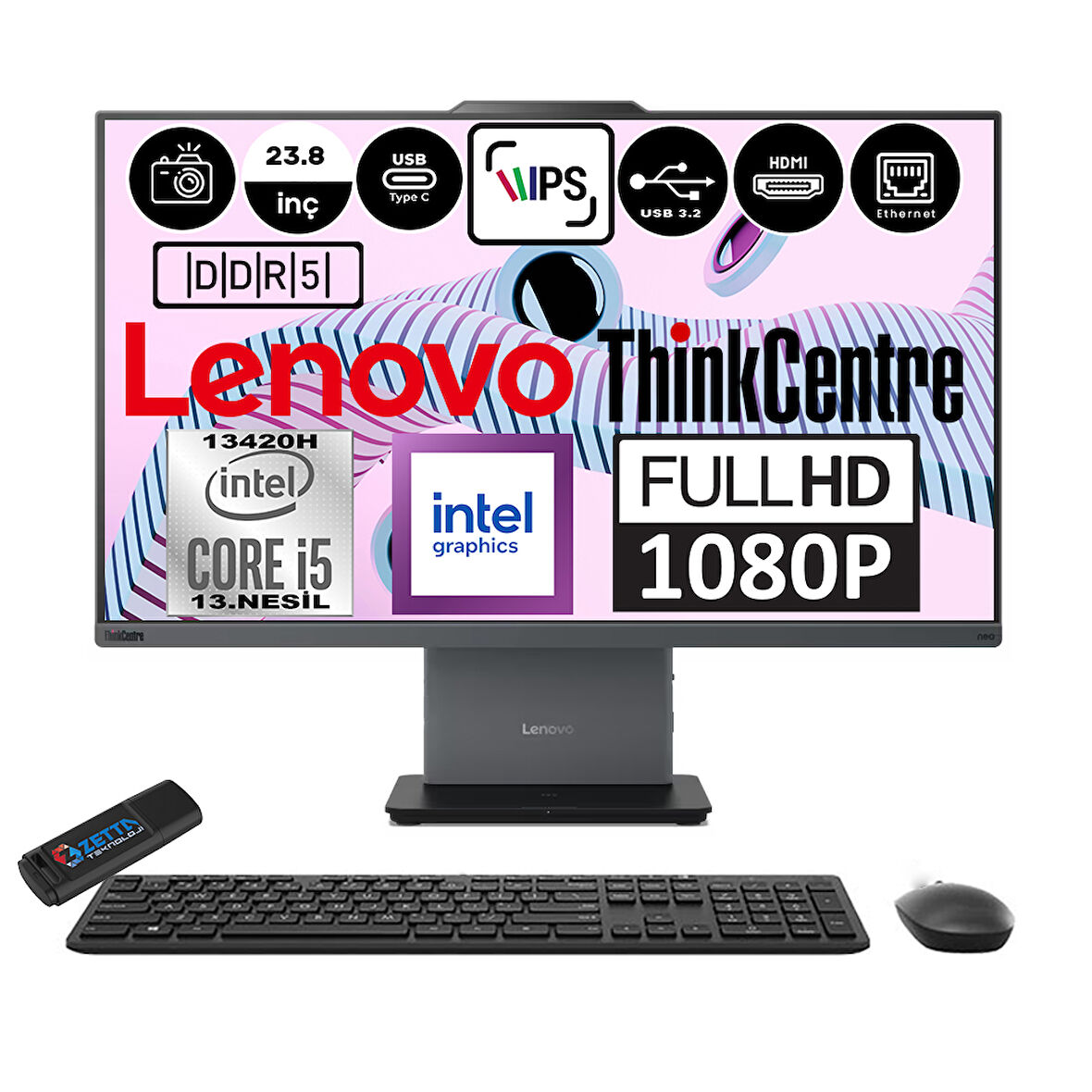 Lenovo Thinkcentre Neo 24 50A Gen5 Intel Core I5 13420H 32GB Ddr5 512GB SSD Windows 11 Home Intel® UHD Graphics 23.8" Fhd All In One Bilgisayar 12SC000QTRH07 + Zetta Flash Bellek