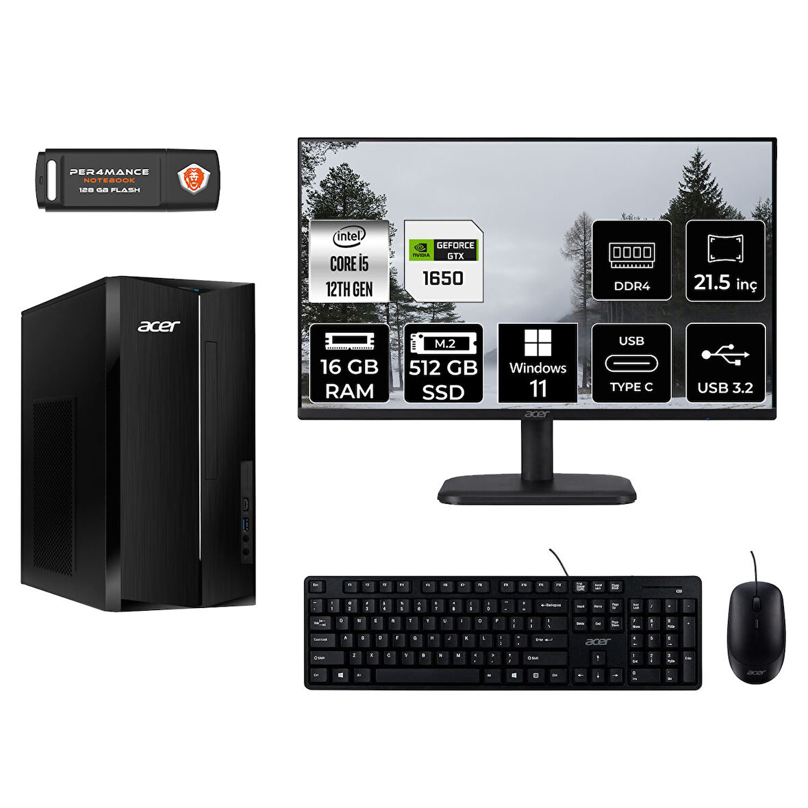 ACER ASPİRE TC1760 MDT005D662 i5 12400 16GB RAM 512GB SSD GTX1650 4GB 21.5" W11H MASAÜSTÜ PC
