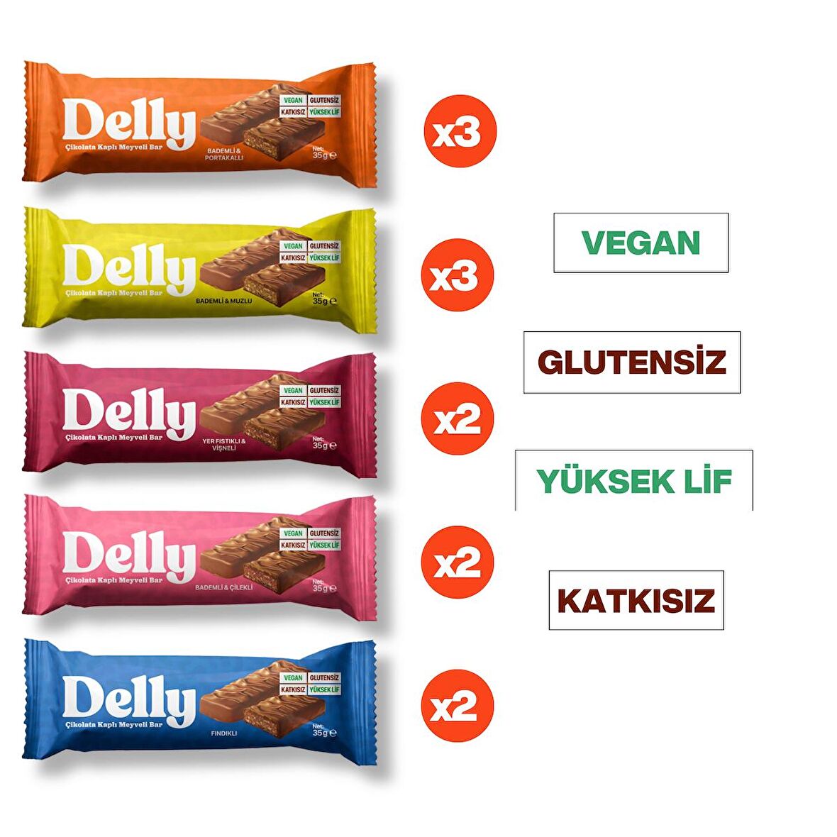 DELLY Çikolata Kaplı - Vegan Meyveli Bar - Karışık Kutu 35g X 12 Adet