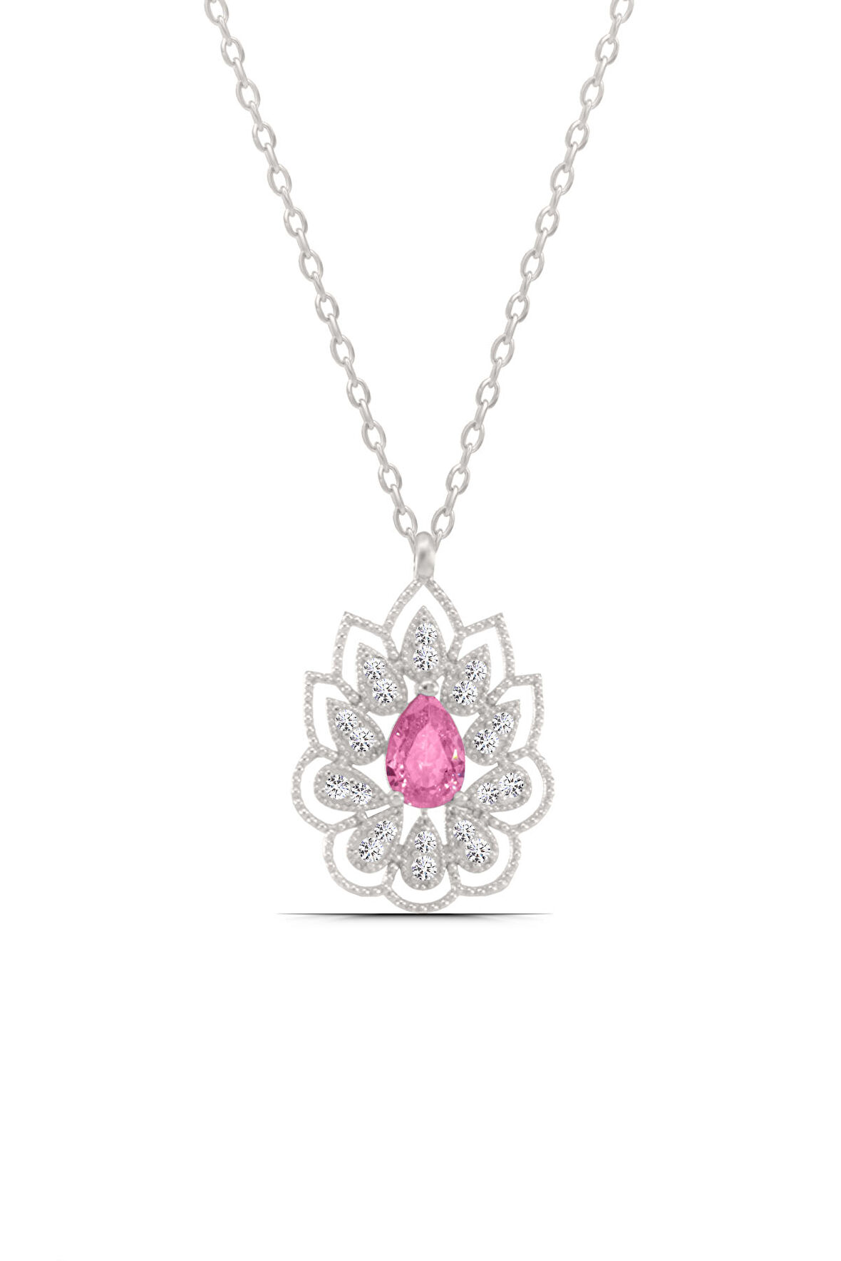 Montür Pembe Damla Taşlı Lotus Çiçeği 925 Ayar Gümüş Kadın Kolye