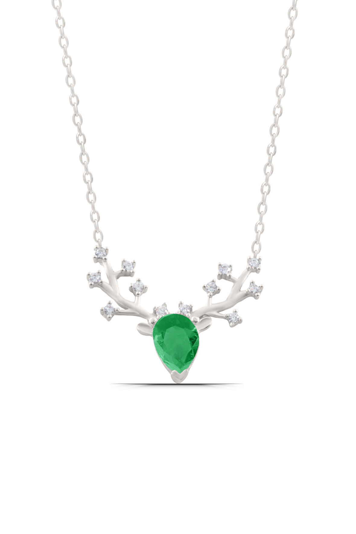 Ren Geyiği Zümrüt Yeşili Damla Montür 925 Ayar Gümüş Kadın Kolye