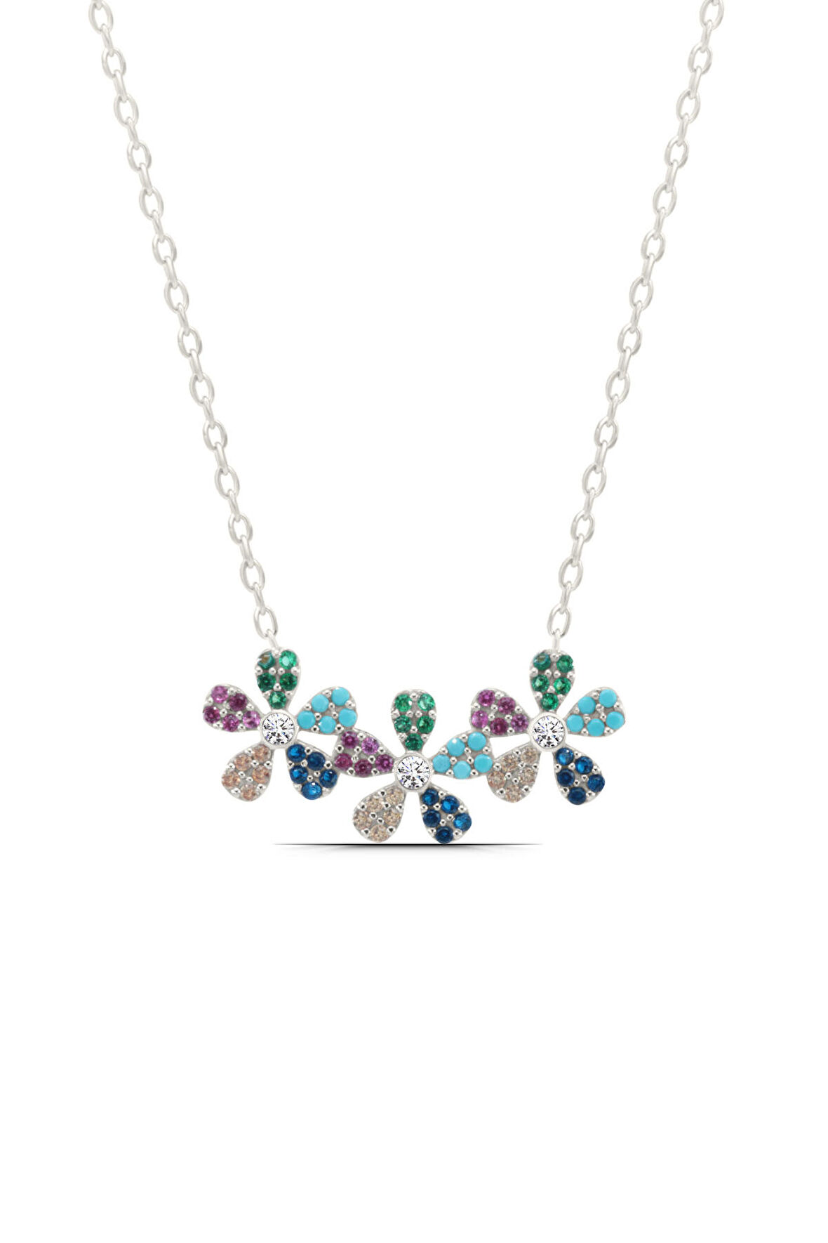 Renkli Papatya Tasarım 925 Ayar Gümüş Kadın Kolye