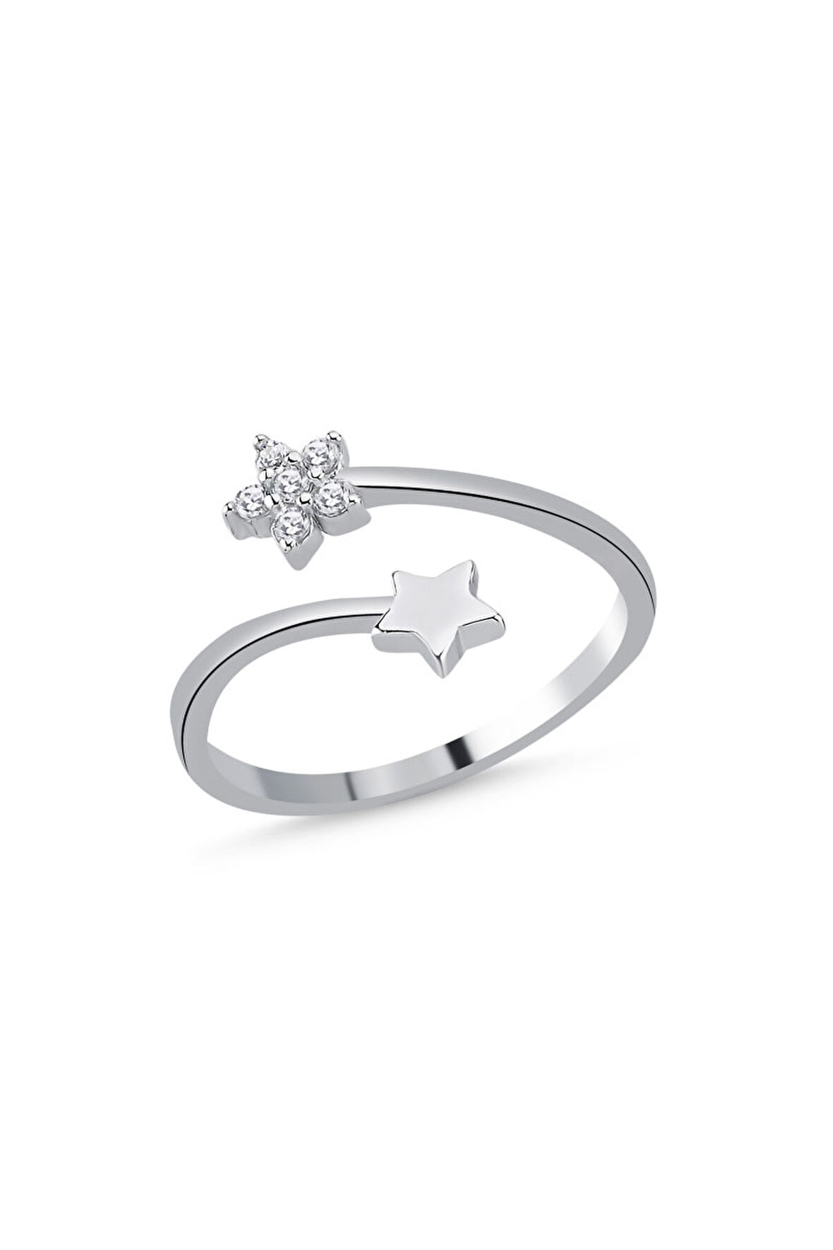 Yıldız ve Çiçek Zirkon Taşlı 925 Ayar Gümüş Kadın Ayarlanabilir Yüzük