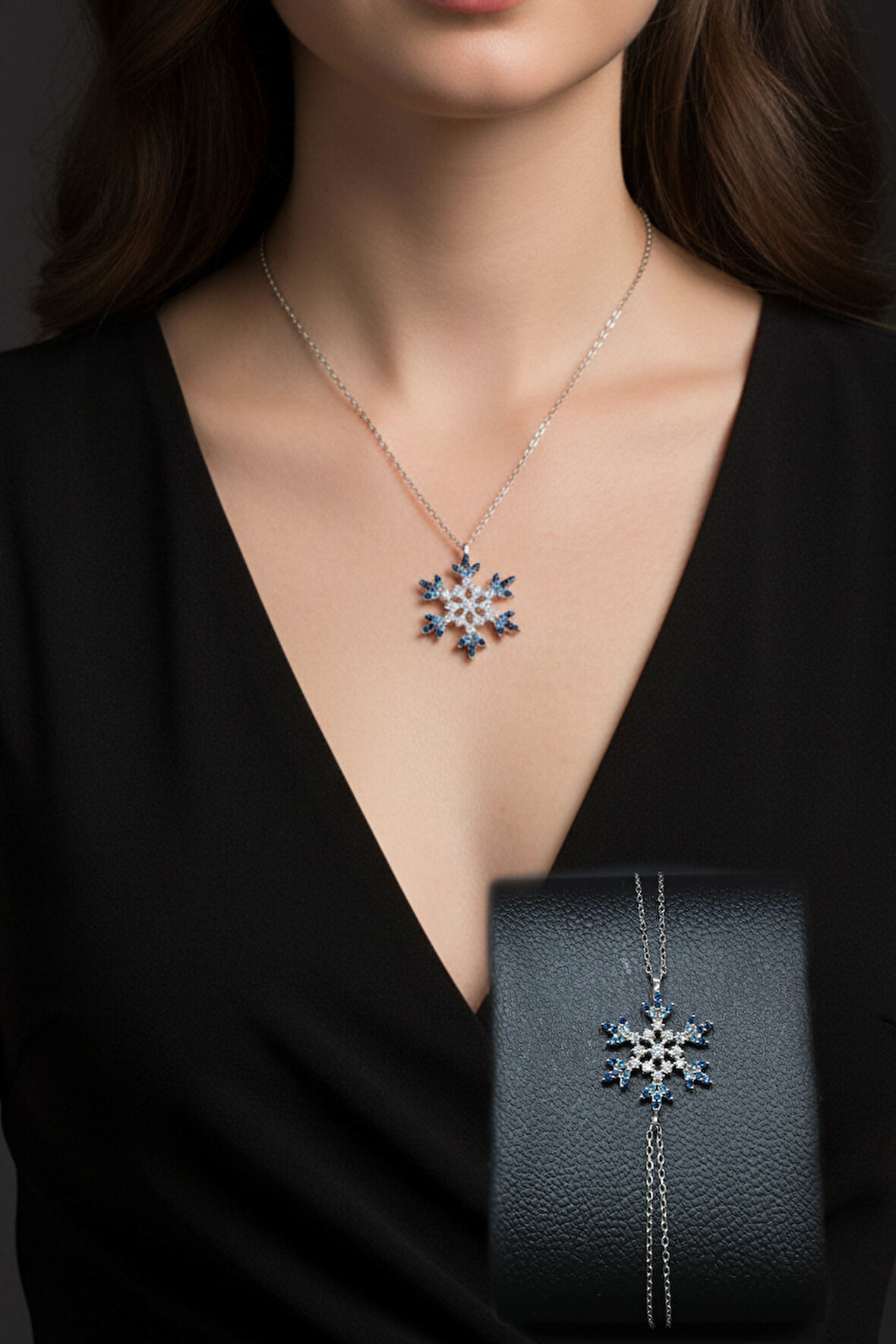 Kar Tanesi Mavi Renk Kolye ve Bileklik 925 Ayar Gümüş Kadın Set