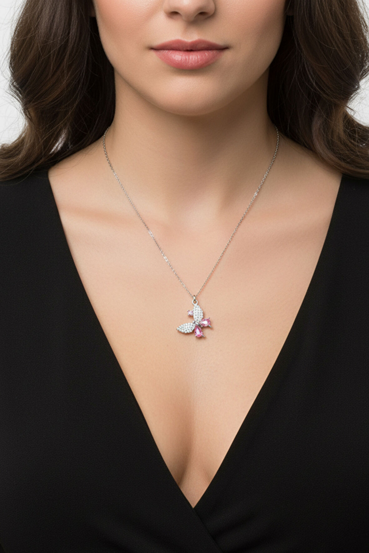 Pembe Taşlı 925 Ayar Gümüş Kadın Kelebek Kolye