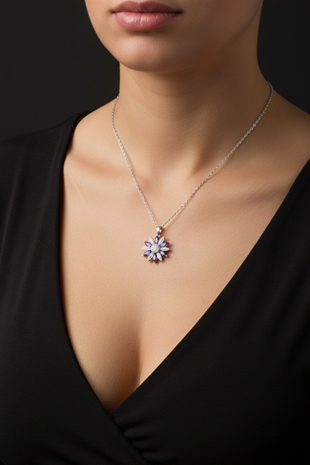 Lotus Çiçeği Ametist 925 Ayar Gümüş Kadın Minimal Kolye