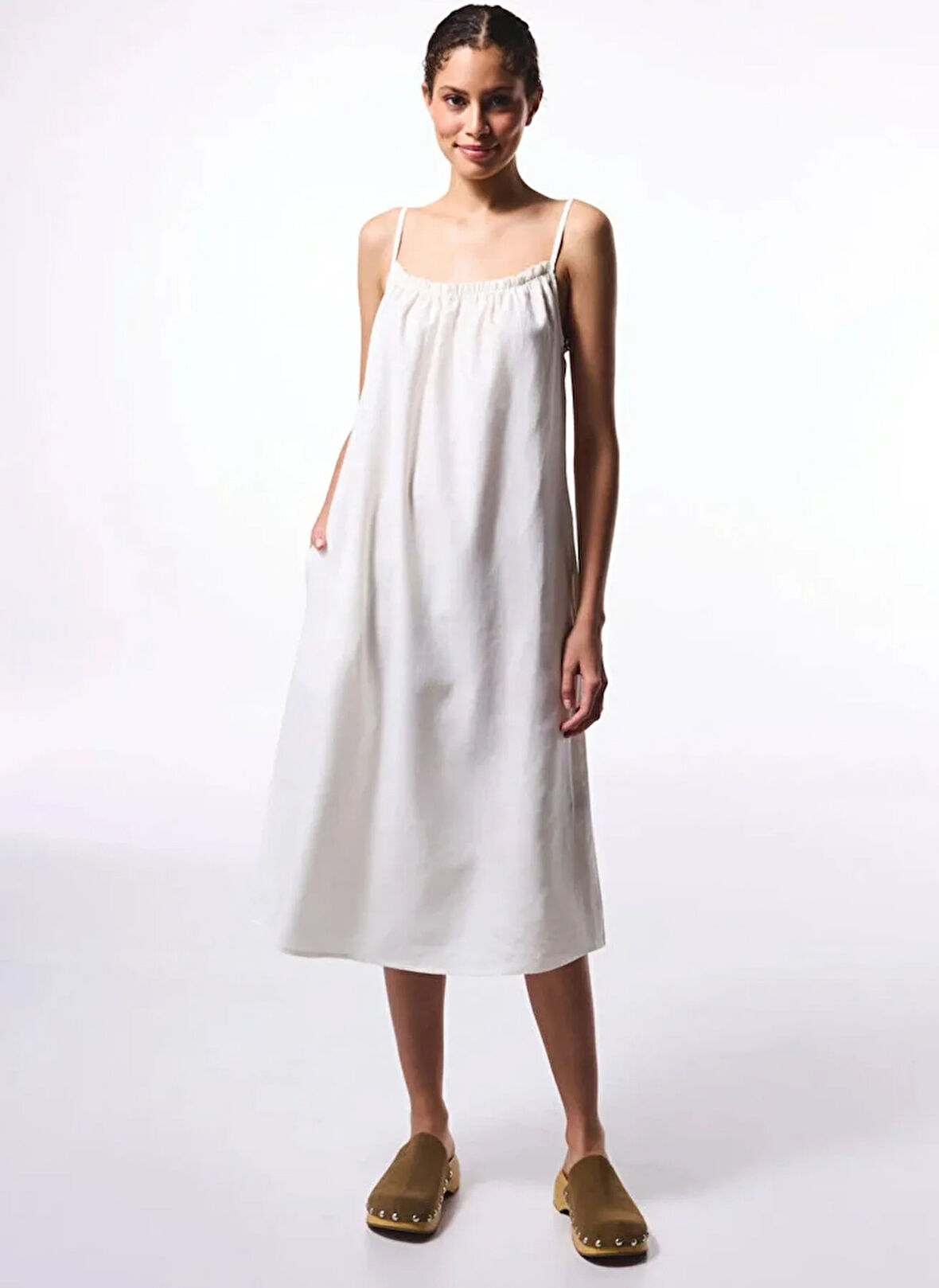 Penti Düz Yaka Beyaz Diz Altı Kadın Elbise PLXQGTGX25IY