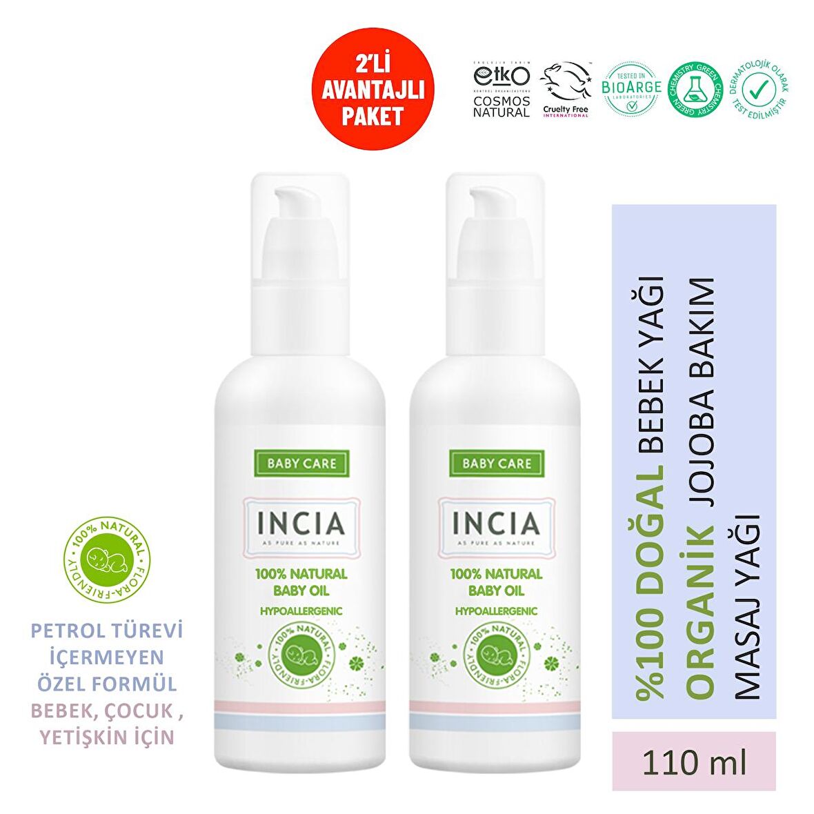 INCIA %100 Doğal Bebek Yağı Organik Jojoba Bakım Masaj Yağı Parafinsiz Bitkisel Vegan 110 ml X 2 Adet