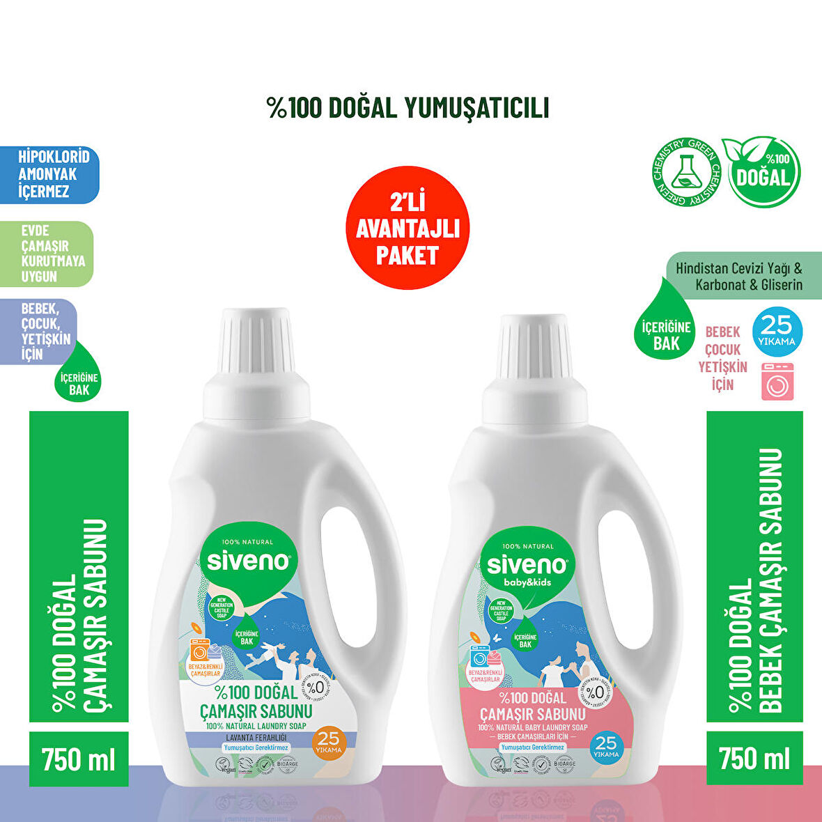 Siveno %100 Doğal Çamaşır Sabunu & Bebek Çamaşır Sabunu Kendinden Yumuşatıcılı Bitkisel Deterjan Konsantre Vegan 750 ml Set