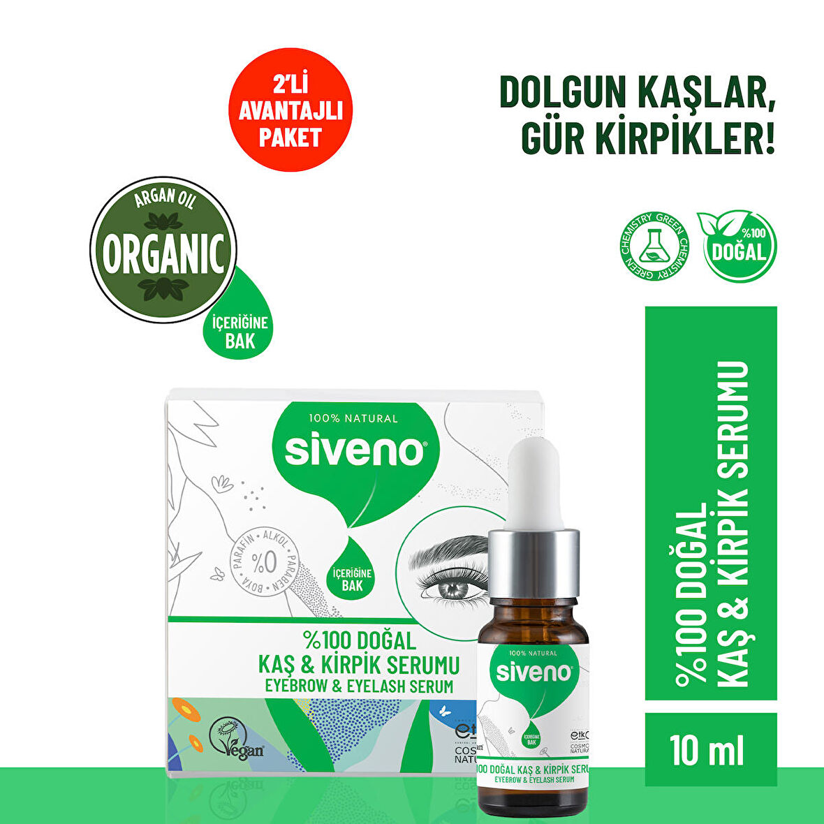 Siveno %100 Doğal Kaş ve Kirpik Serumu Bitkisel Yoğunlaştırıcı Canlandırıcı Yoğun Bakım Yağı Vegan 10 ml X 2 Adet