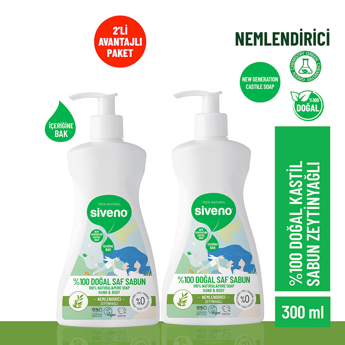 Siveno %100 Doğal Sıvı Kastil Sabun Zeytinyağlı Yoğun Nemlendirici Arındırıcı Bitkisel Vegan 300 ml X 2 Adet