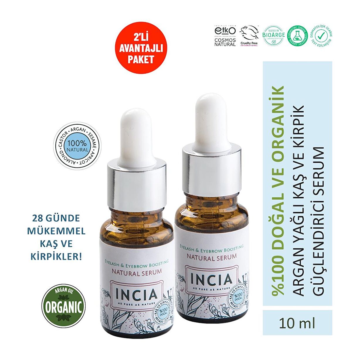 INCIA %100 Doğal Kaş Ve Kirpik Güçlendirici Serum Bitkisel Yoğunlaştırıcı Yoğun Bakım Yağı 10 ml 2 X Adet