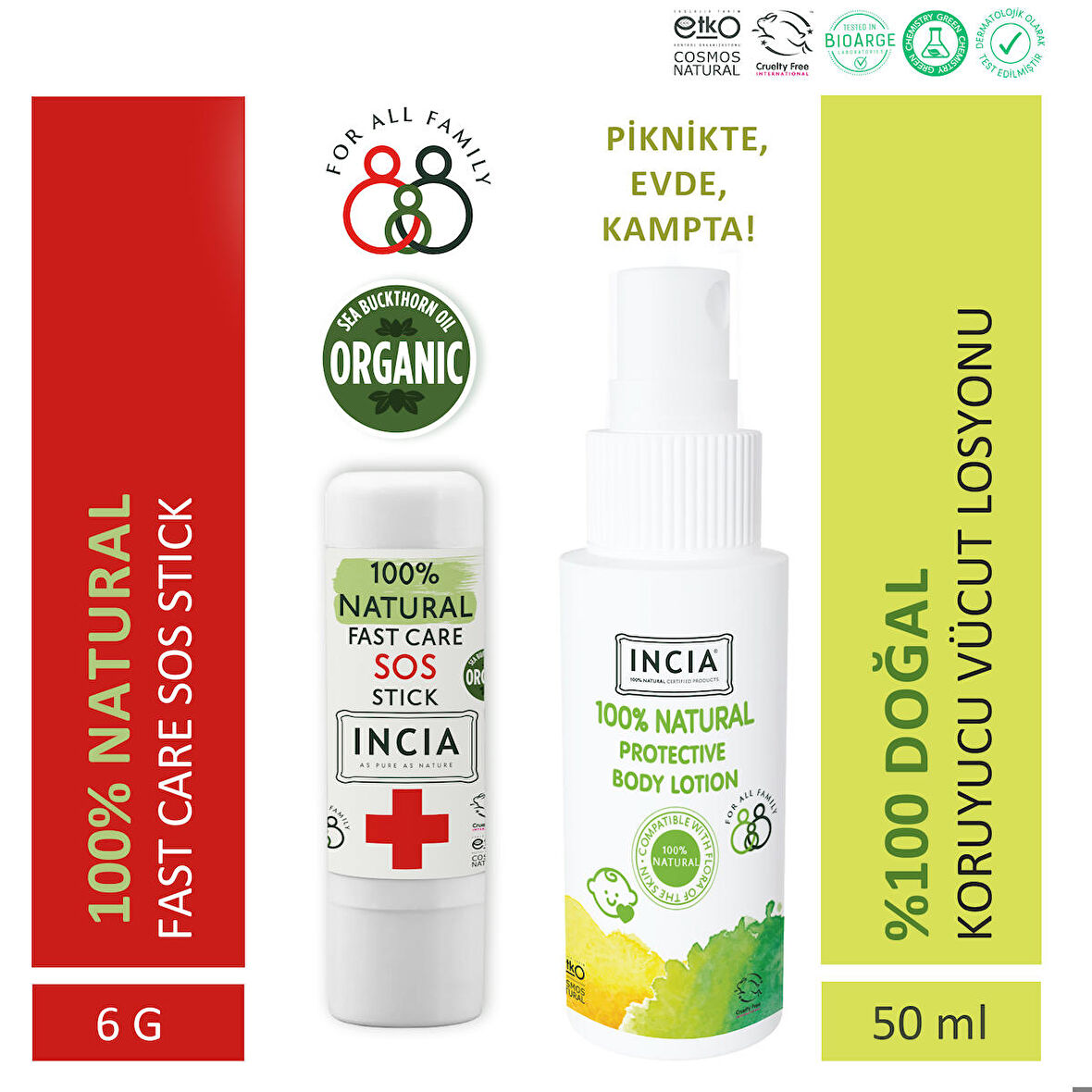 INCIA %100 Doğal Koruyucu Vücut Losyonu Sprey Yenidoğan 50 ml & INCIA %100 Doğal SOS Stick 6 G Set