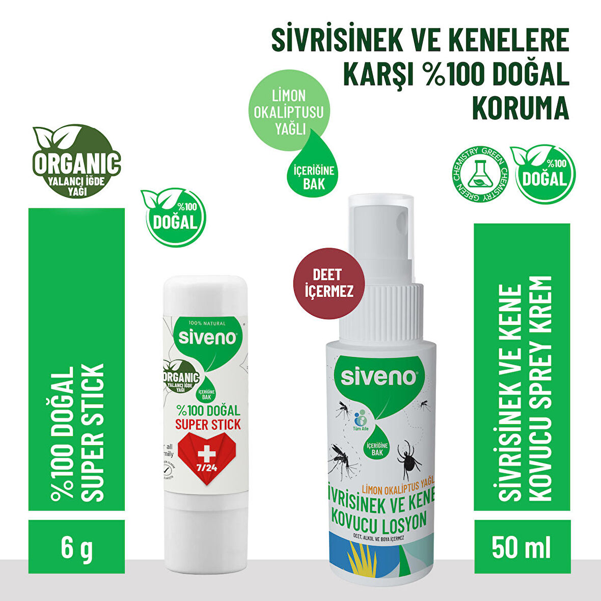 Siveno Sivrisinek Ve Kene Kovucu Sprey Krem 50 ml & Siveno %100 Doğal Super Stick 6 G Set