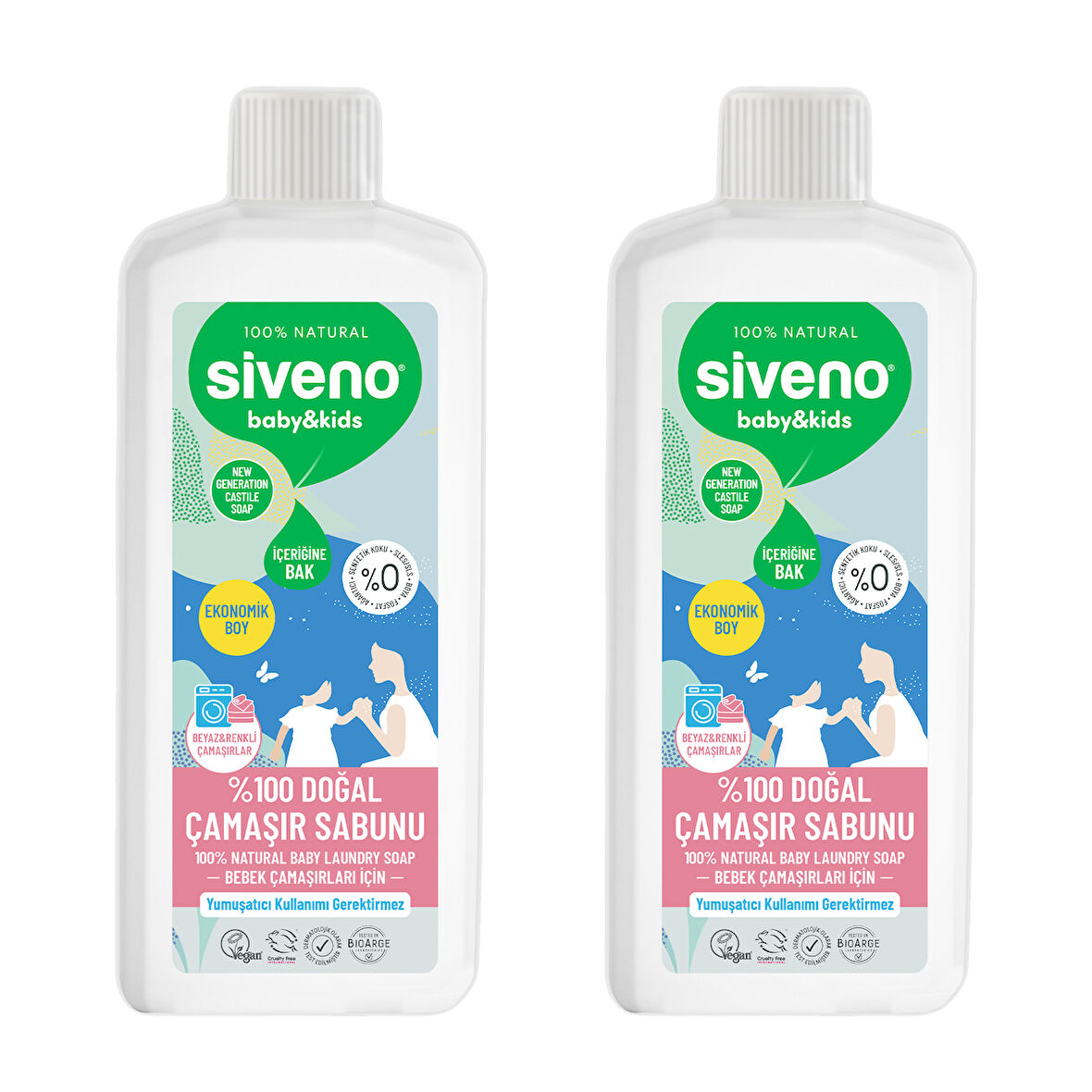 Siveno %100 Doğal Bebek Çamaşır Sabunu Kendinden Yumuşatıcılı Bitkisel Deterjan Konsantre Vegan 1000 ml x 2 Adet