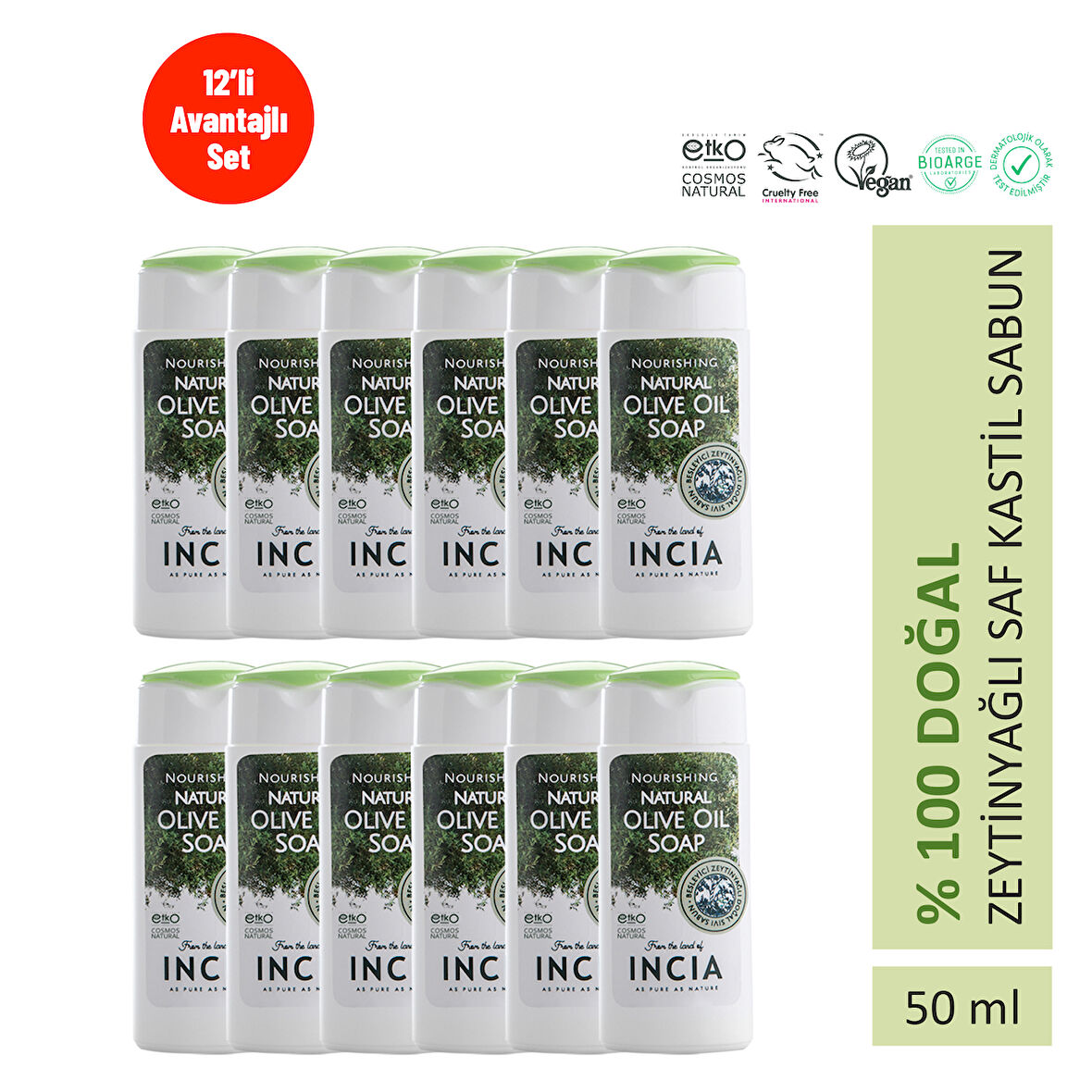INCIA %100 Doğal Sıvı Kastil Sabunu Besleyici Zeytinyağlı Saf Kastil Sabun Seyahat Boyu 50 ml X12 Adet