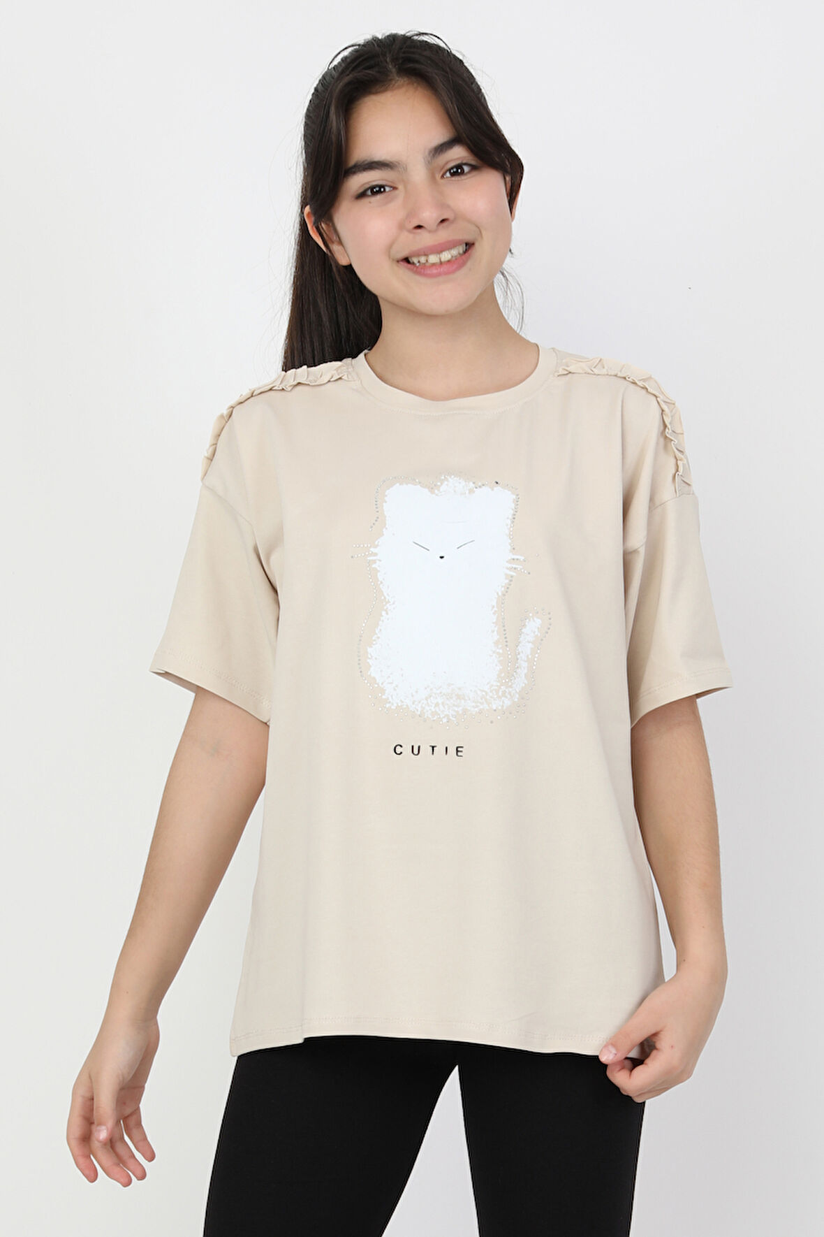 KEDİ BASKILI KISA KOLLU  KIZ TİŞÖRT 3732