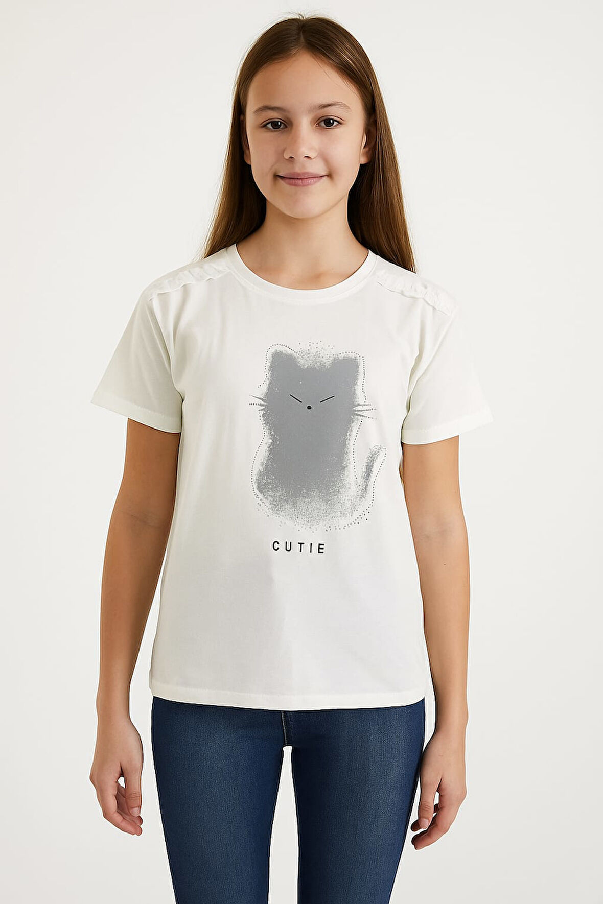 KEDİ BASKILI KISA KOLLU  KIZ TİŞÖRT 3732
