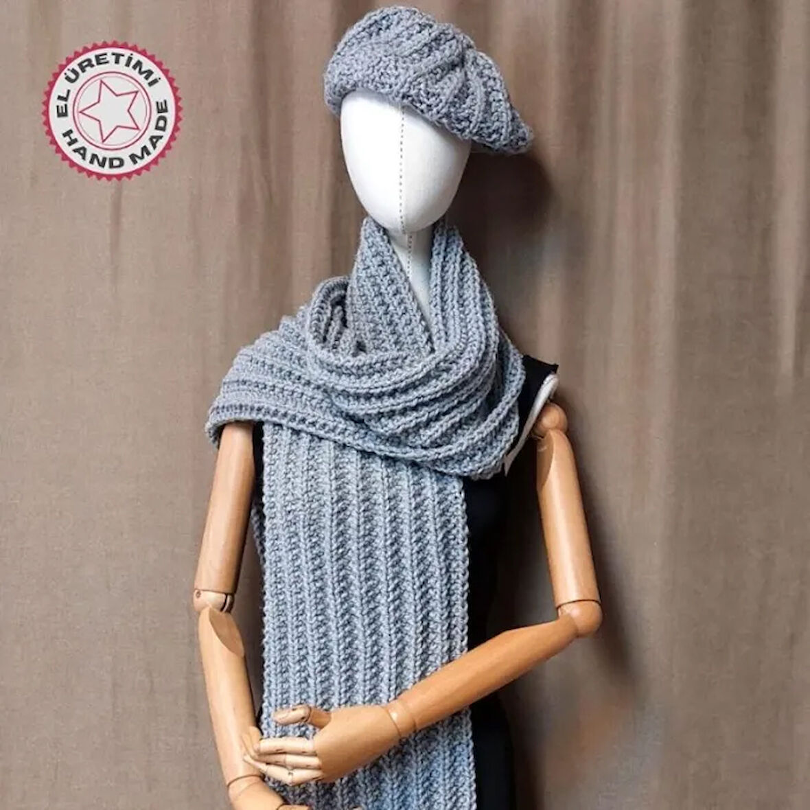 Uretti - Emine 9106 - 4137 El Örgüsü Bere Ve Kaşkol Takımı - Gri