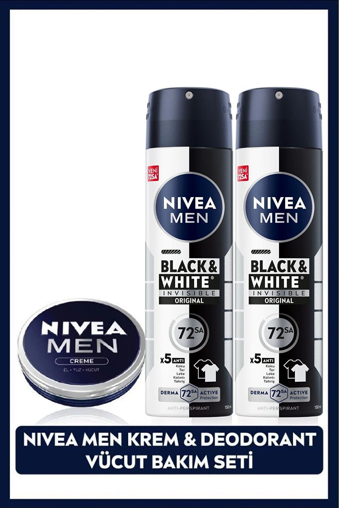 Nivea MEN Erkek Nemlendirici Bakım Kremi ve Sprey Deodorant Black&White Invisible Original 150ml X2 Adet