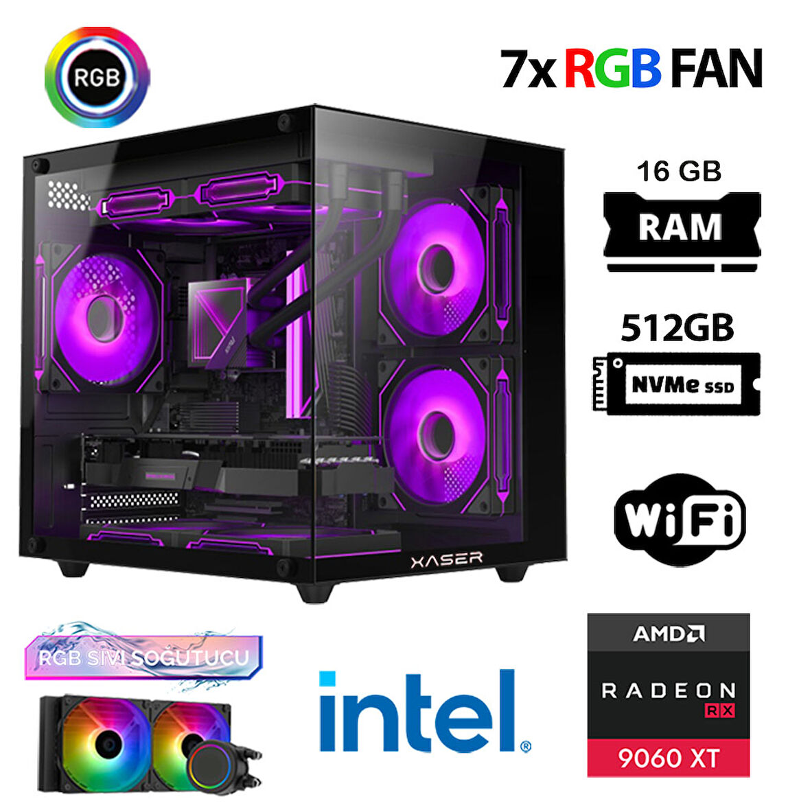 Xaser Eco X100 i7 12700KF 16GB DDR5 Ram 512GB M.2 NVMe SSD 16GB RX9060 XT Sıvı Soğutmalı Hazır Oyuncu Sistemi
