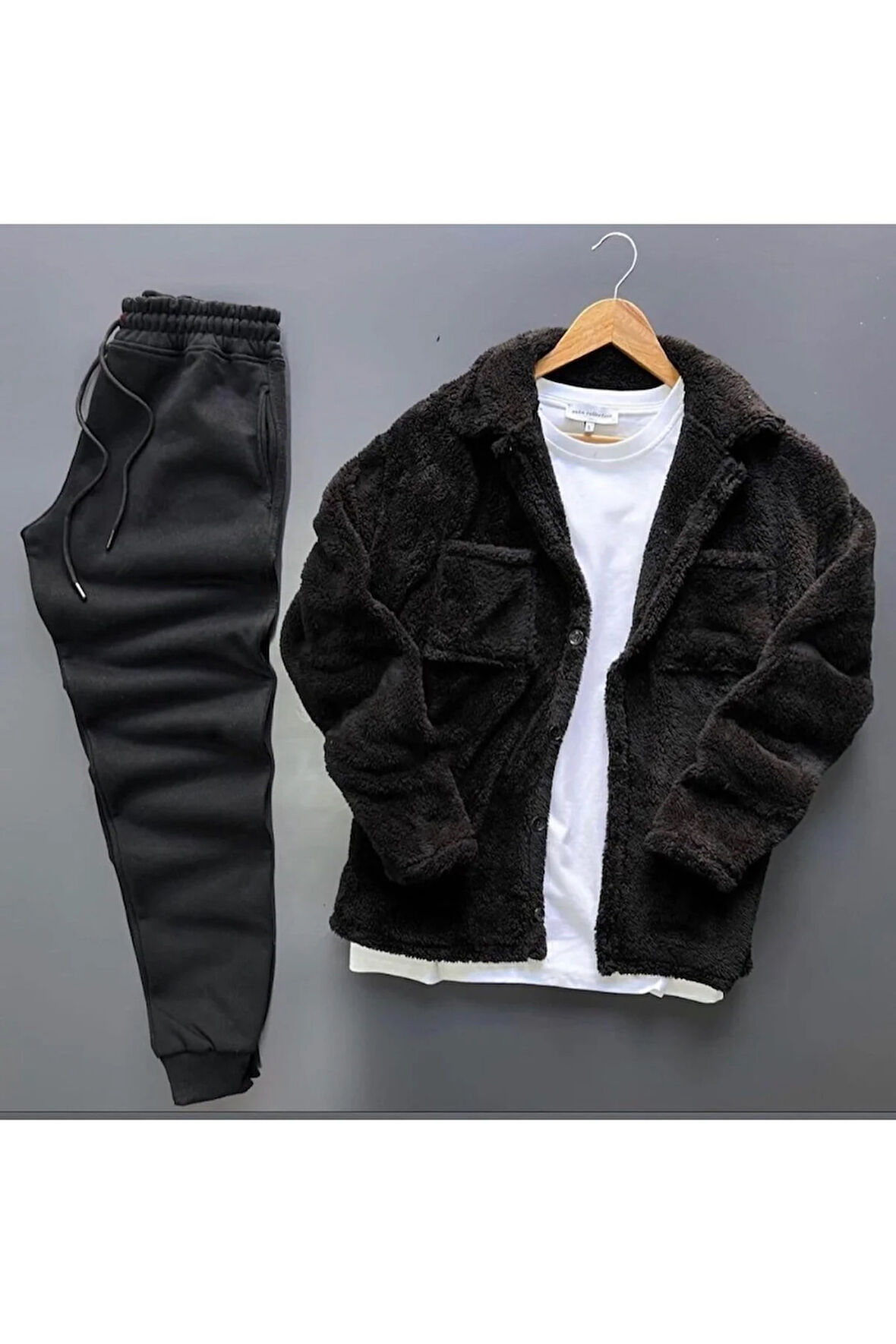 Unisex Siyah Peluş Polar Hırka Gömlek Siyah Eşofman Altı Takım Kombini ( Tişört Dahil Değildir)