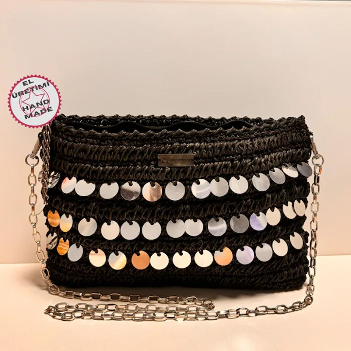 Uretti - Nuran 9092 - El Yapımı Kağıt İp Clutch Çanta Aynalı   20cm -Siyah