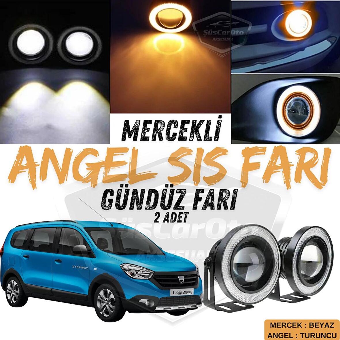 Dacia Lodgy 2012-2022 Uyumlu Üniversal Mercekli Angel Sis Farı Metal Su Geçirmez 76 mm Turuncu Halkalı Gündüz Farı Angel Eyes 2 Adet