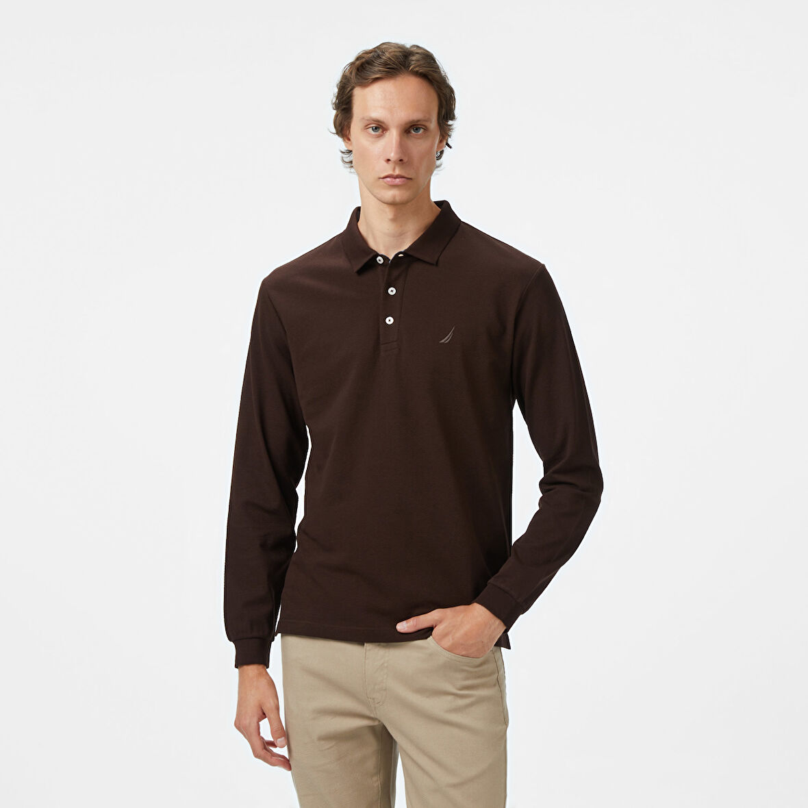 Nautica Erkek Kahverengi Classic Fit Uzun Kollu Polo Yaka T-Shirt