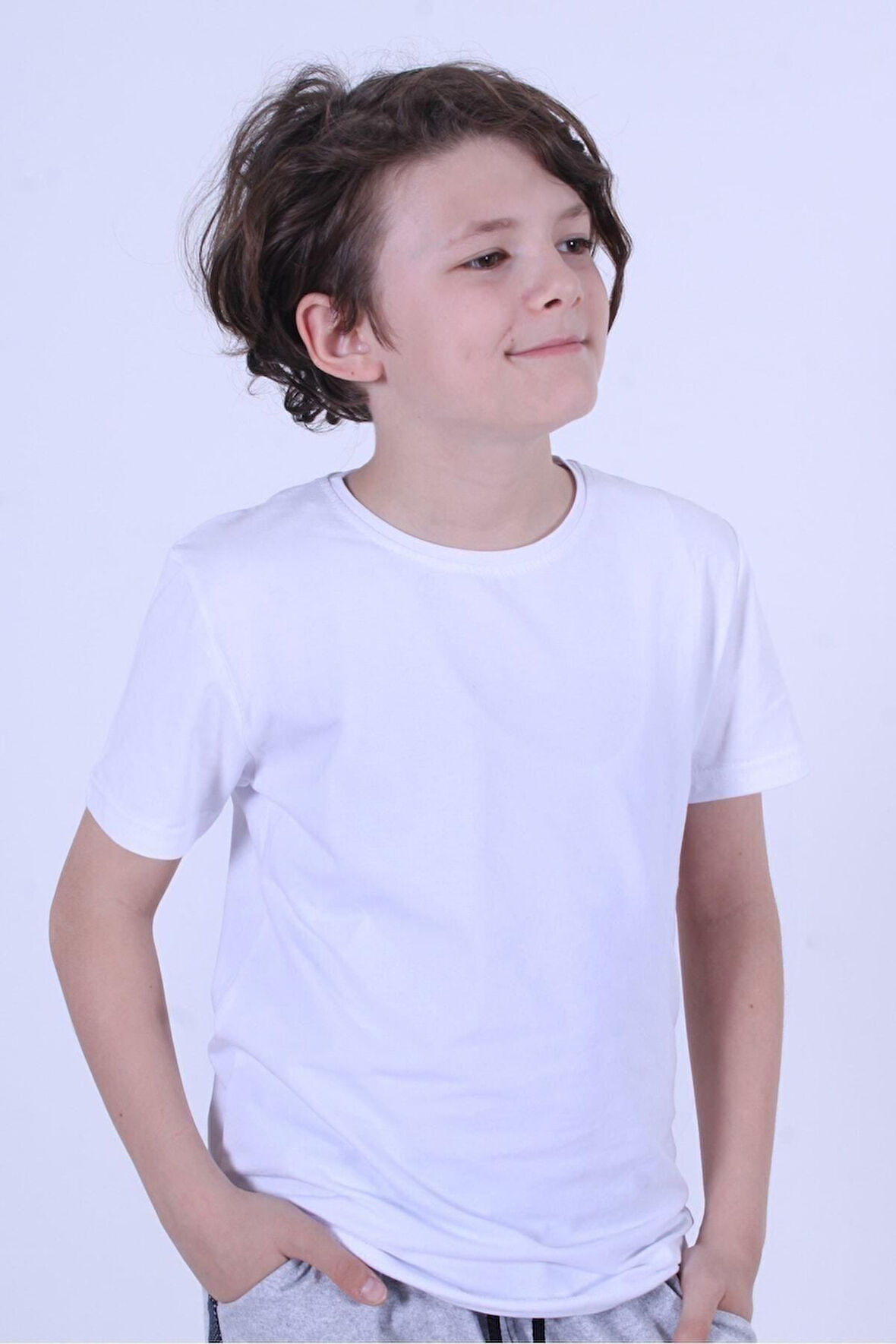 Basic Bisiklet Yaka Pamuk Düz Unisexs Çocuk T-shirt [Krem rengi]