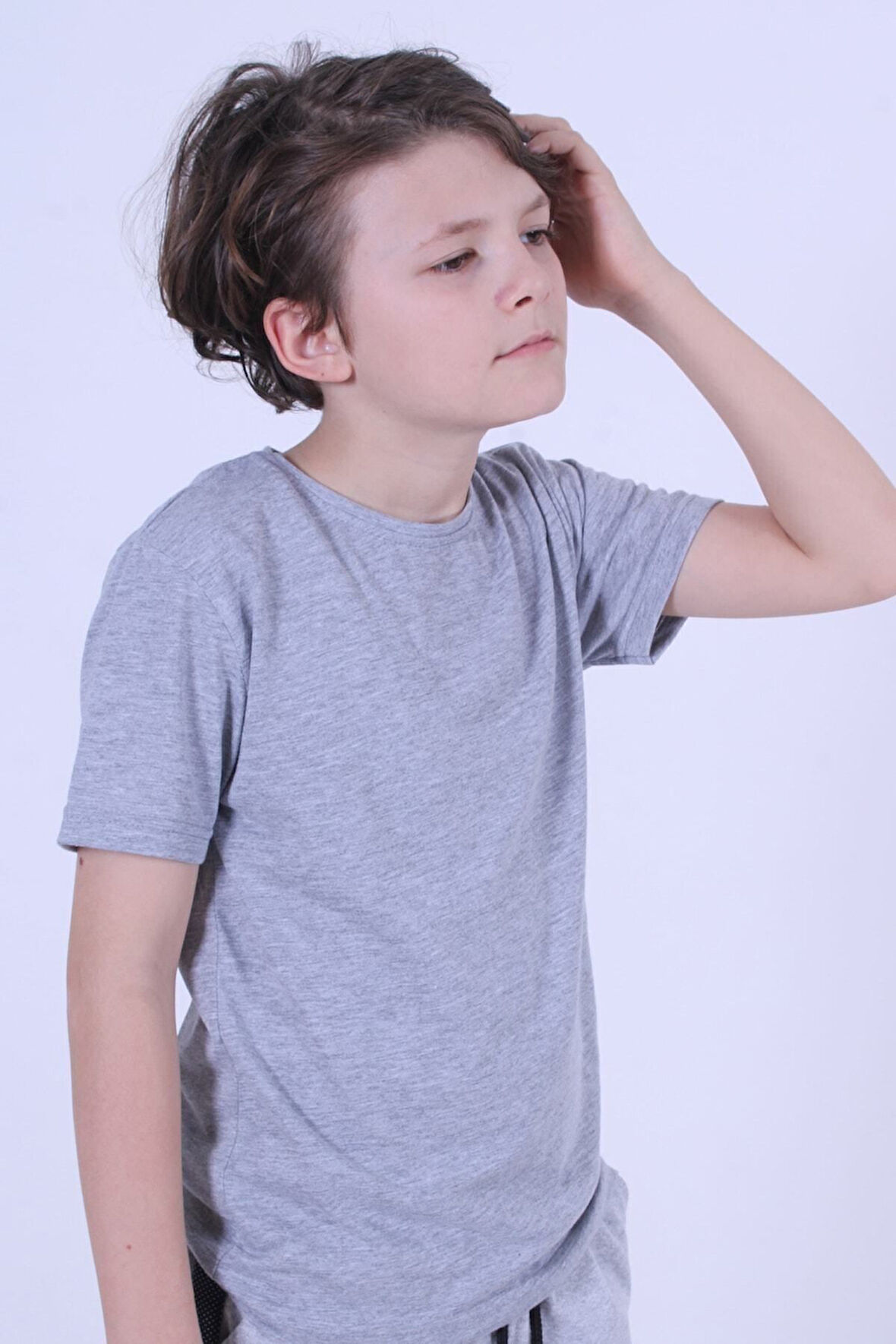 Basic Bisiklet Yaka Pamuk Düz Unisexs Çocuk T-shirt [Krem rengi]