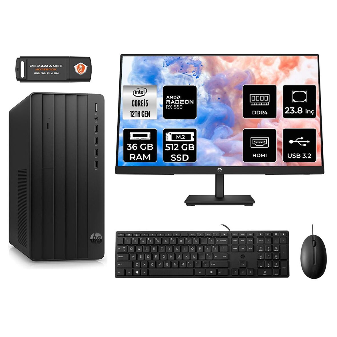 HP TOWER 290 G9 i5 12500 36GB RAM 512GB SSD RX550/4GB FDOS 6D3A5EA MASAÜSTÜ PC & 23.8'' MONİTÖR