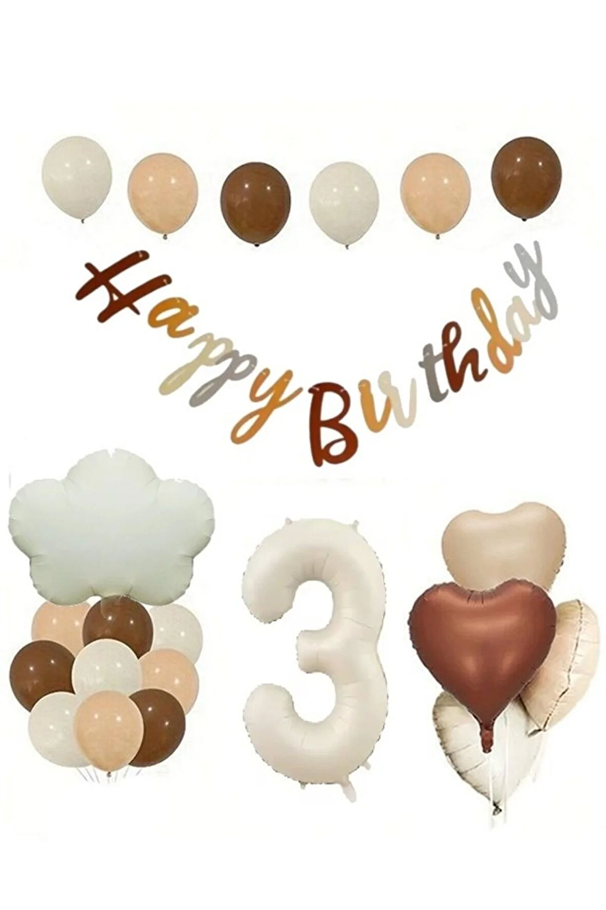 Retro Doğum Günü Seti; Krem Rakam Folyo Bulut, Banner, Kalp Folyo ve Lateks Balon