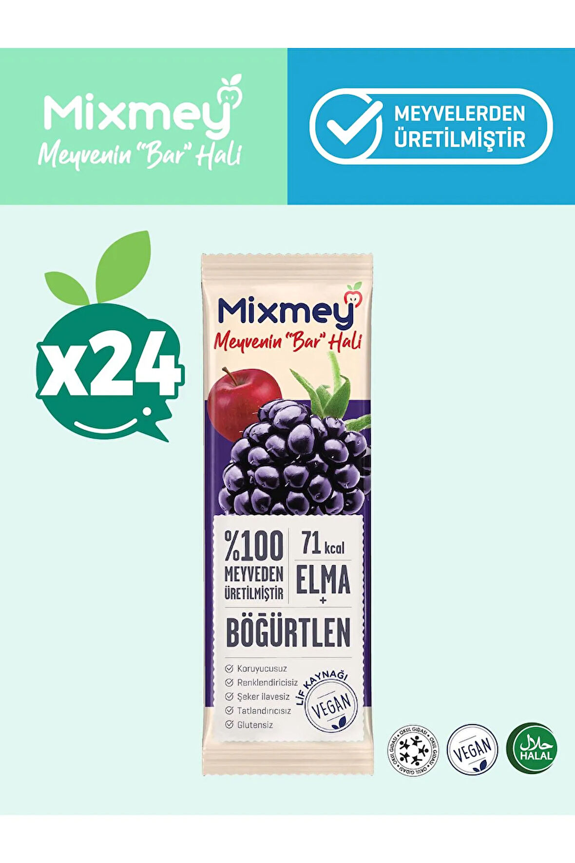 Mixmey Böğürtlen Meyve Bar 24 Adet | Glutensiz, Vegan Sağlıklı Atıştırmalık - 20gr X 24 Adet