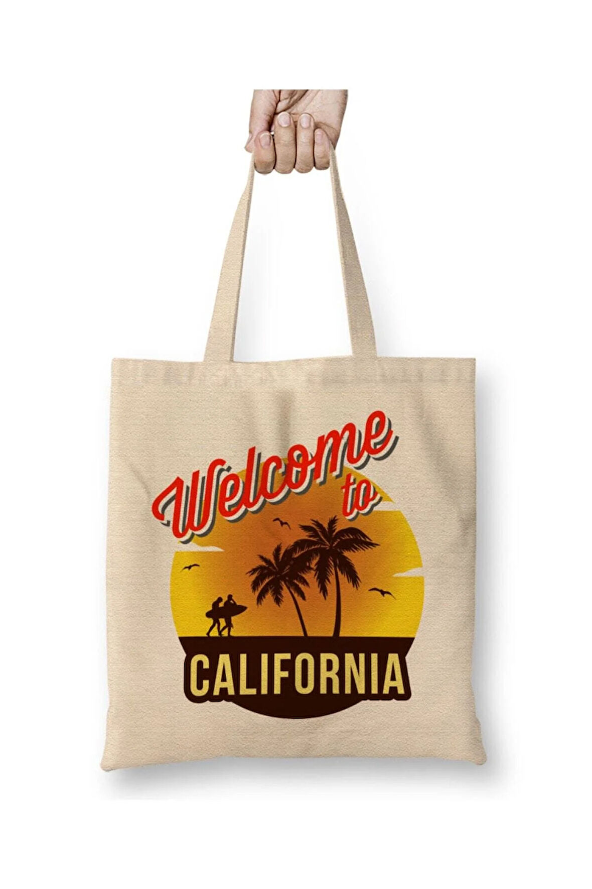 Welcome To California Beyaz Bez Çanta Uzun Saplı Alışveriş Çantası Plaj Çantası