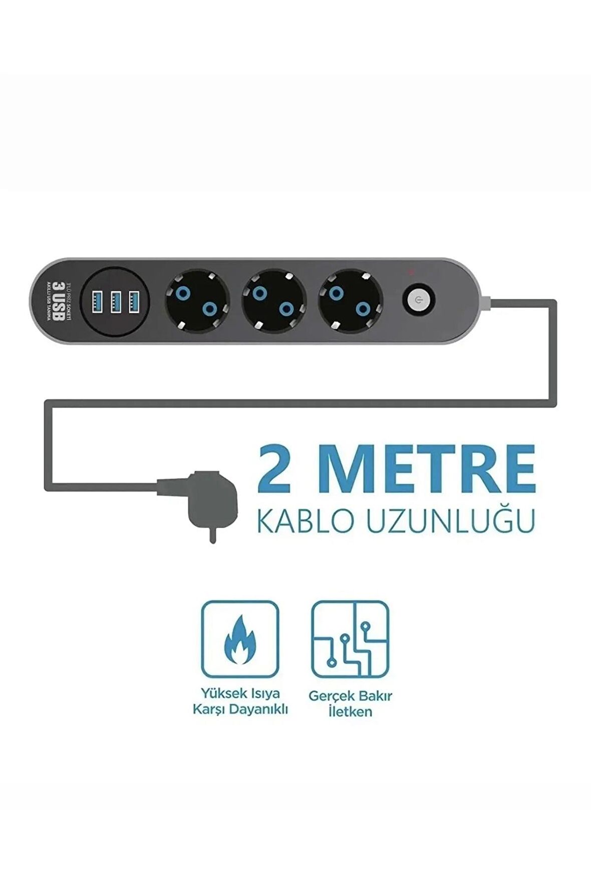 Akım Korumalı Grup Priz 3 Lü Ve 3'lü Usb Şarj Portu 2500 Watt Akım-korumalı-usb-priz- 2 Metre Uzatma