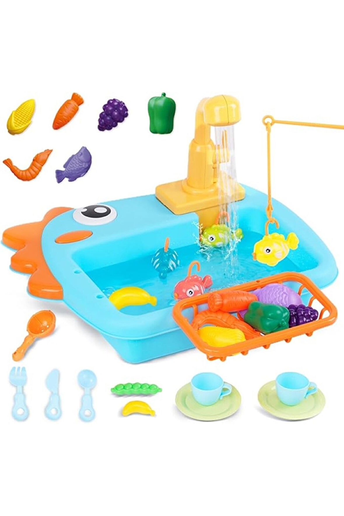 Modern Lavabo Oyuncak Iq Geliştirici Oyuncak Sulu Bulaşık Seti Pilli Bulaşık Yıkama Oyun Seti 20 Pcs