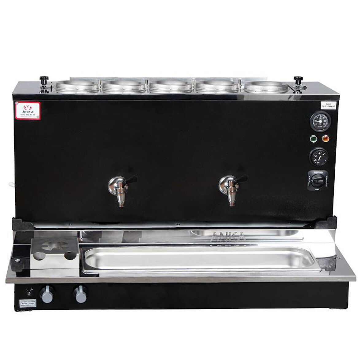 Anka Pro Plus Otomatik Çay Kazanı, 5 Demlikli, 50 Litre, Siyah, Elektrik+Doğalgaz