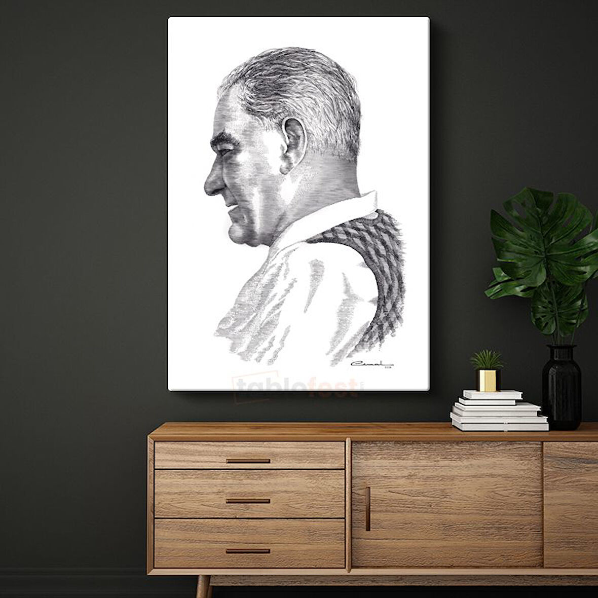 Karakalem Profil - Beyaz Yakalı İmzalı Portre Kanvas Tablo