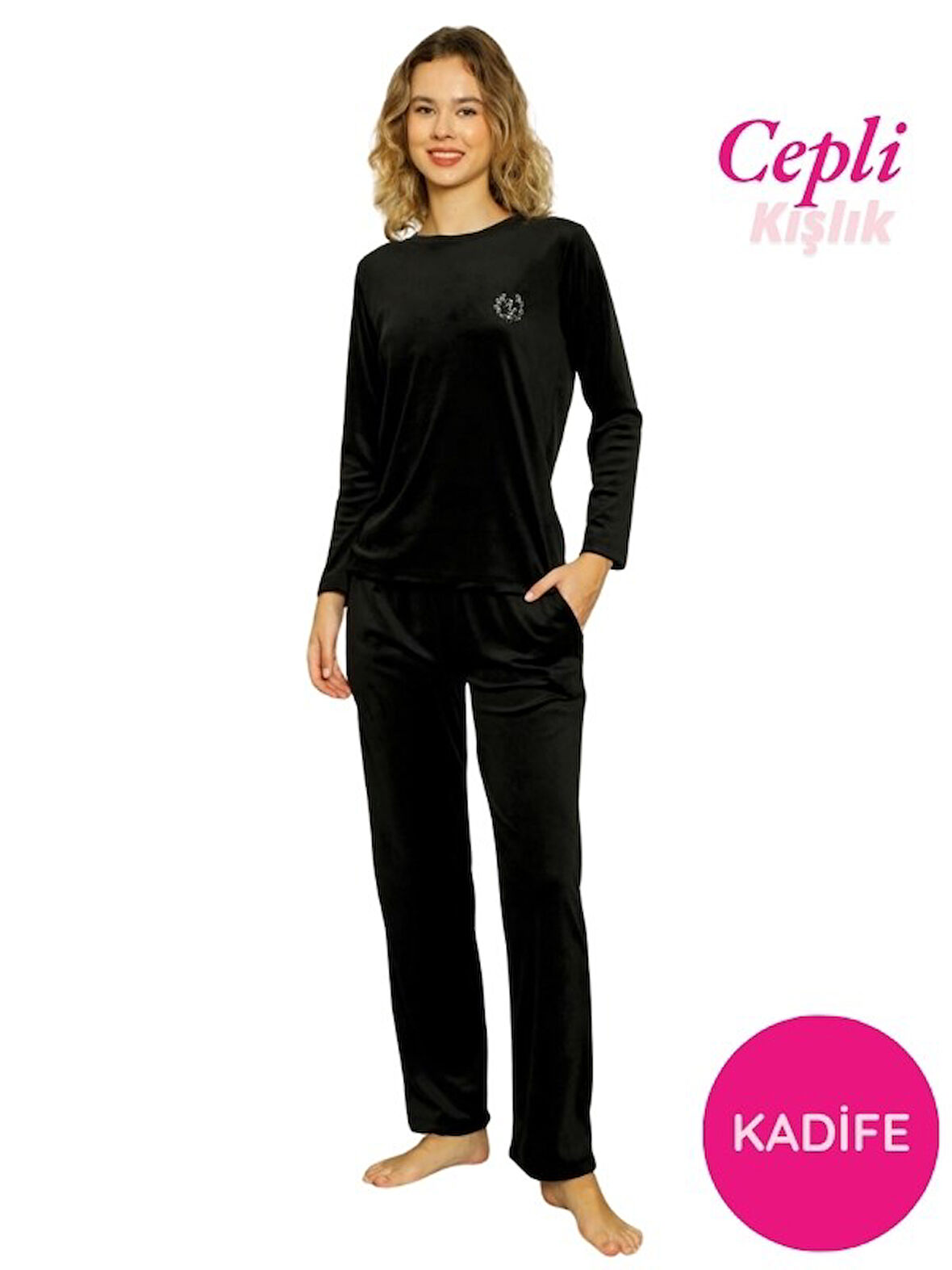 Kadın Bisiklet Yaka Düğmesiz İpeksi Yumuşak Kadife Kışlık Uzun Kol Cepli Pijama Takımı