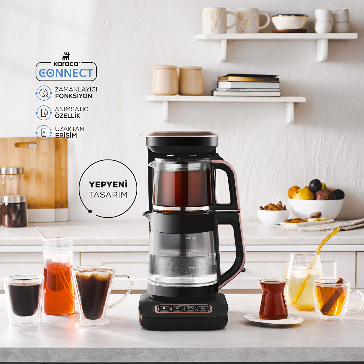 Karaca 2 Yıl Robotea Pro Connect 4 in 1 Konuşan Cam Çay Makinesi Rosegold Cam 0-250 L 220 - 240 V C / F 1-
