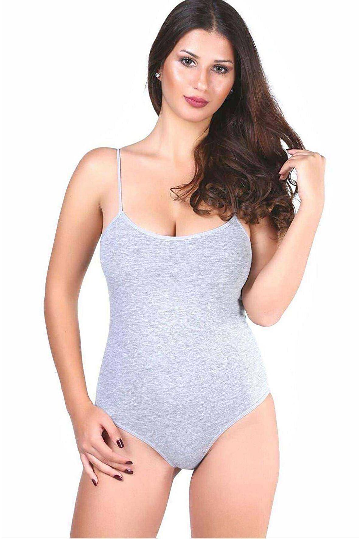 3 adet Tutku Kadın İp Askılı Gri Çıtçıtlı Body 0148 Beden L
