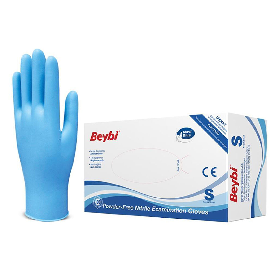 Beybi Nitril Pudrasız Mavi Muayene Eldiveni 100' lü Paket Small 